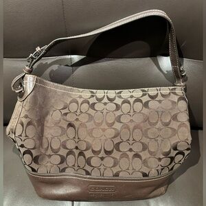 Coach Brown Signature Canvas Shoulder Bag with Leather Trim
